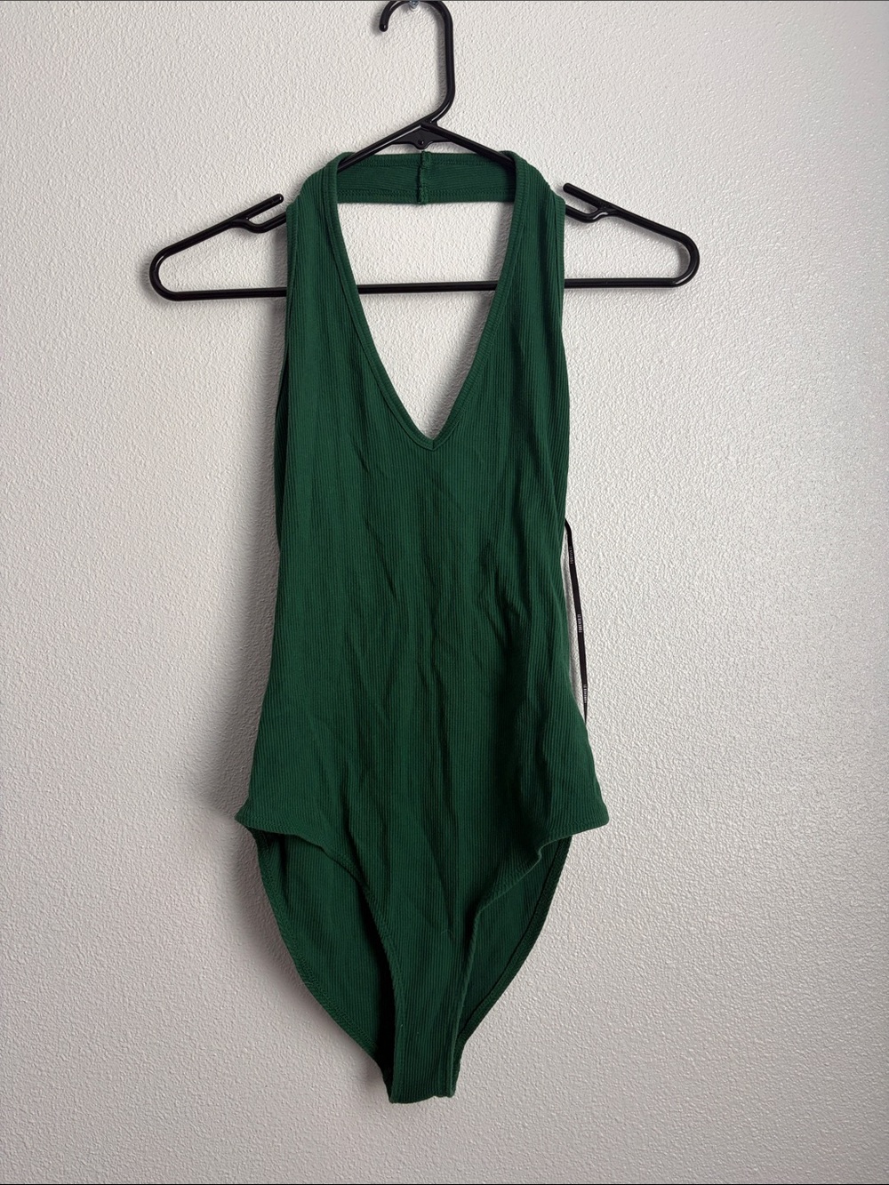 Deep Green Ribbed V-Neck One-Piece Bodysuit